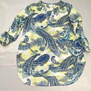 🔹 Chicos Sheer Blue & Green Paisley Tunic V-neck Roll Tab Sleeves Size 2, Large